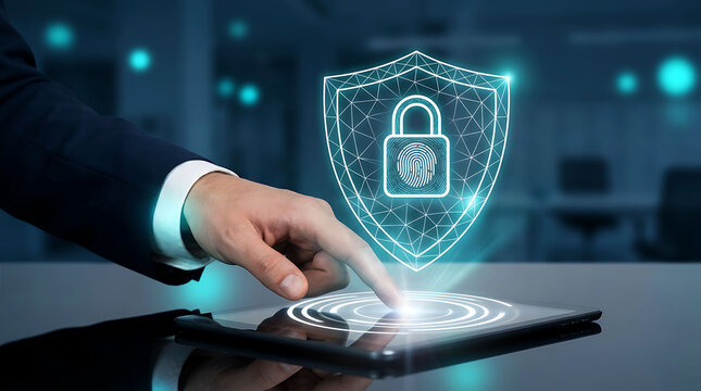 Cyber security shield and fingerprint pad lock icon on digital tablet