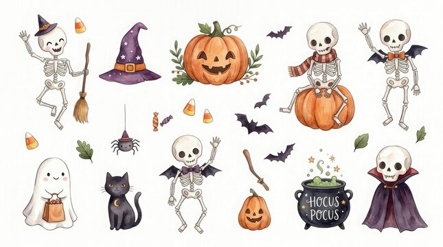 Set of cute watercolor halloween elements featuring skeletons ghosts pumpkins black cats bats and witch accessories on white