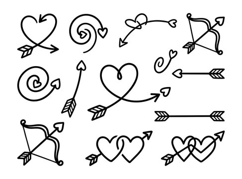 Set of hand drawn heart arrows and bows, doodle vector illustration isolated on transparent background
