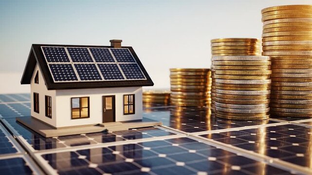 Model house with solar panels and stacks of coins on a solar array representing green savings