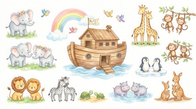 Watercolor illustration of noahs ark with various pairs of cute animals and a colorful rainbow on white background