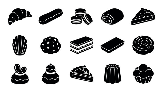 Bakery and dessert design icons with croissant, macaron and cupcake for menu branding in solid glyph style