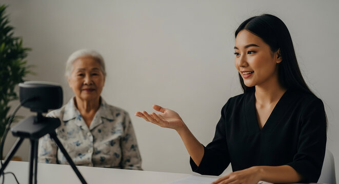 Young Asian woman interviewing elderly grandmother for a documentary or video call using a professional camera on a tripod in a bright room.