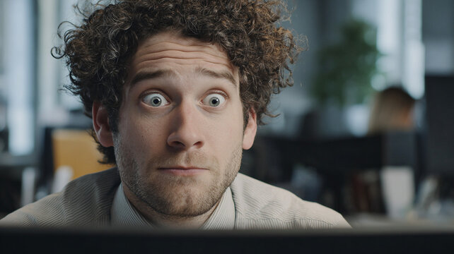 Wide eyed curly haired businessman in a striped shirt staring at unexpected information on a computer screen in a modern office with soft natural light