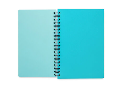 Open blue spiral notebook with blank pages