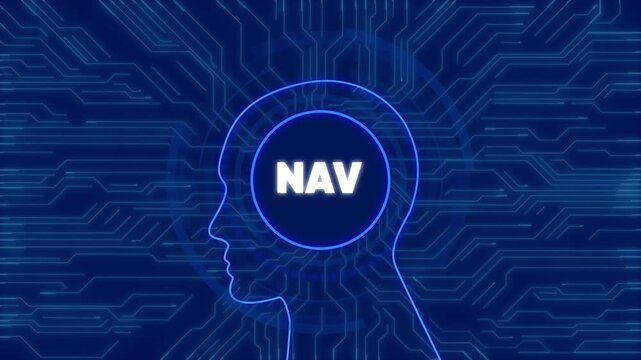 Digital human head silhouette with nav text and circuit board background, technology motion