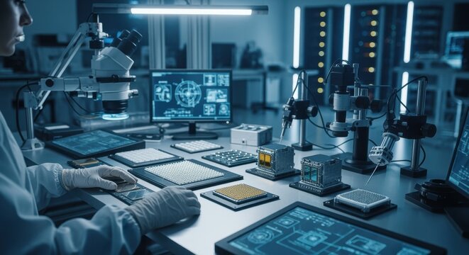 Quantum computer packaging station displaying multiple qubit chips in various assembly stages illustrating production workflow in a hightech lab.