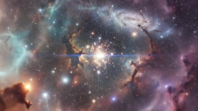 Vibrant cosmic nebula bursts with light and color, revealing stellar nursery