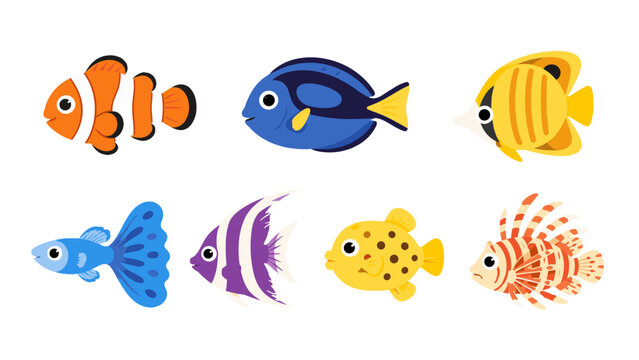 Set of colorful tropical fish cartoon vector illustrations