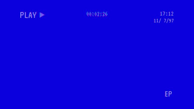 Retro vhs blue screen background with glitch distortion effects and playback overlay, 4k vhs play video