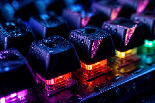 Mechanical keyboard keys with colorful backlight and droplets
