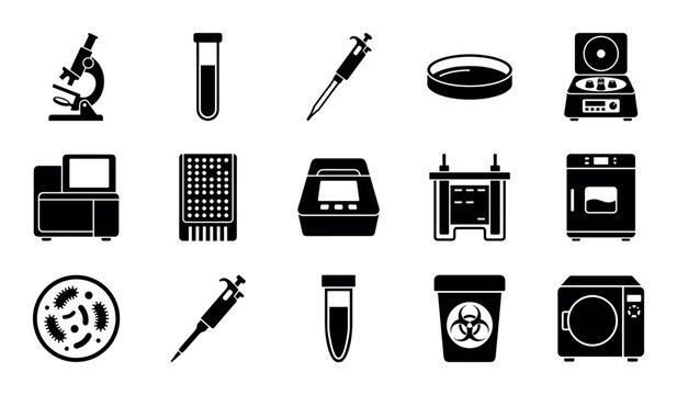Laboratory and microbiology vector icons with microscope, test tube and petri dish for scientific research design in solid glyph style