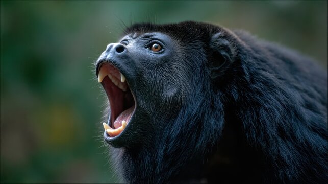 Black howler monkey roaring with open mouth in dramatic close-up portrait