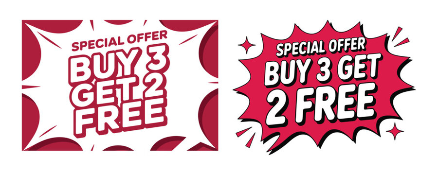 Promotional buy three get two free special offer banners in comic pop art style with splash shapes.