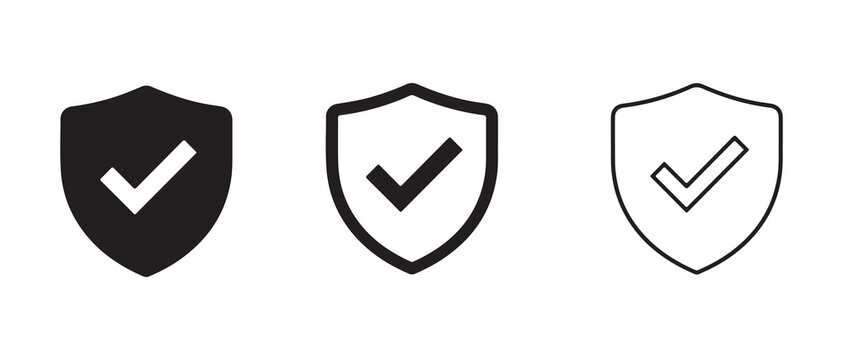 shield icons with check marks in varying line weights and fill styles for approval or security design projects