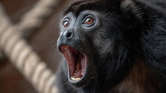 Black howler monkey with open mouth vocalizing in dramatic close-up