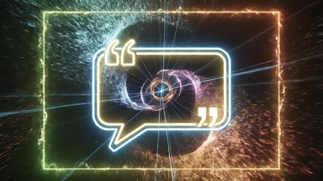 Neon quote bubble frames a cosmic vortex with vibrant fireworks
