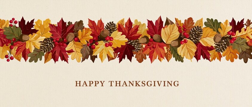 Rustic Happy Thanksgiving Card Featuring Hand Drawn Autumn Foliage Border with Acorns Pinecones and Berries on Textured Vintage Paper Background