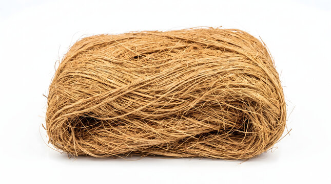 A tightly wound ball of natural brown twine or rope made from coarse fibers, isolated against a clean white background, perfect for crafting and packaging needs