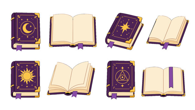 Set of magical book icons with open and closed purple covers