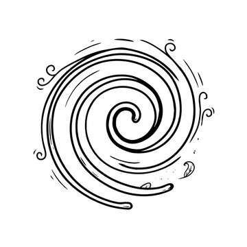 3d Cartoonish Doodle comic spiral icon swirl, vortex, whirlwind, tornado, wind curl, sketch line symbols in black flat and outline style isolated on white background 