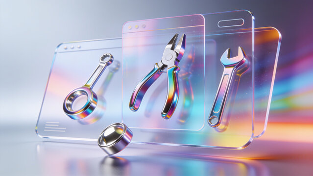 Glossy metallic industrial tools floating inside translucent glass browser windows featuring vibrant colorful light refractions and a modern digital aesthetic