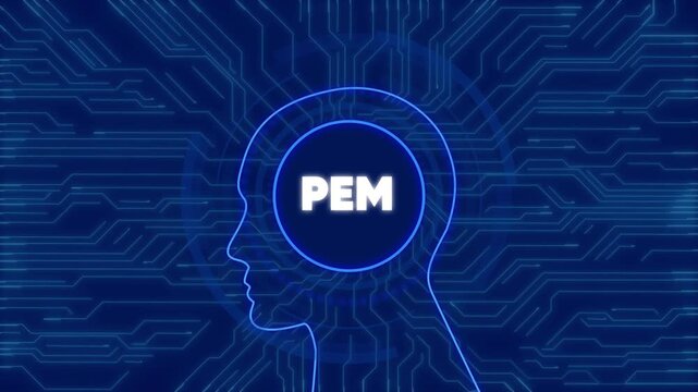 Pem concept animation with digital human head silhouette and glowing circuit board network
