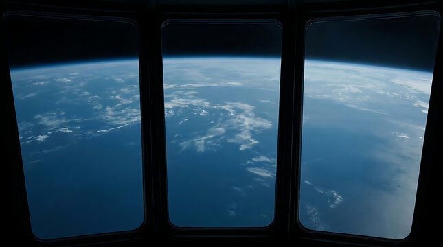 A breathtaking view of our planet from space highlighting the vibrant blue oceans and intricate cloud formations seen through the windows of a spacecraft