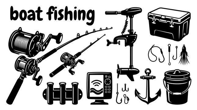 boat fishing equipment featuring marine rods conventional reels fish finders trolling motors coolers rod holders anchors bait buckets and offshore accessories set recreational boating sport fishing