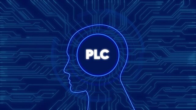 Plc programmable logic controller concept with digital human head and circuit board tech