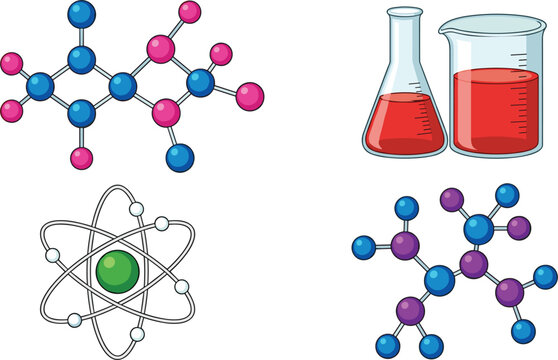 Science and Chemistry Vector Icon Set with Molecular Structure Models, Laboratory Glassware Beaker, Erlenmeyer Flask, and Atomic Particle Graphic Elements