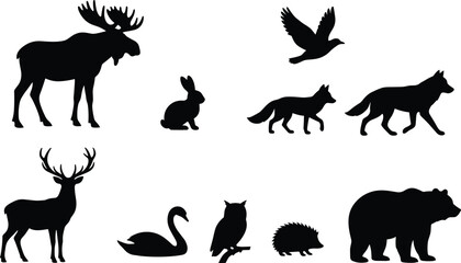 Obraz premium Wild forest animals and birds black silhouettes set including moose, bear, and deer
