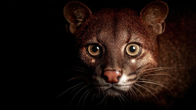 Photorealistic CGI fossa face portrait with dramatic dark background