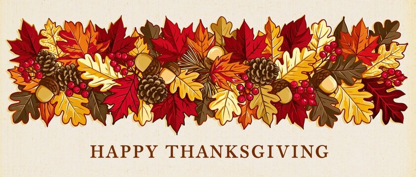 Rustic Happy Thanksgiving Card Featuring Hand Drawn Autumn Foliage Border with Acorns Pinecones and Berries on Textured Vintage Paper Background