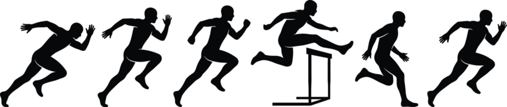 Running and hurdling athlete black silhouettes set showing sequence of athletic motion
