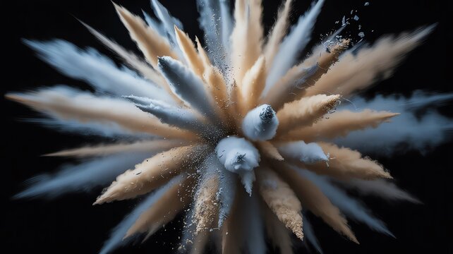 Dynamic blue and tan powder explosion burst with particles isolated on black background for projects