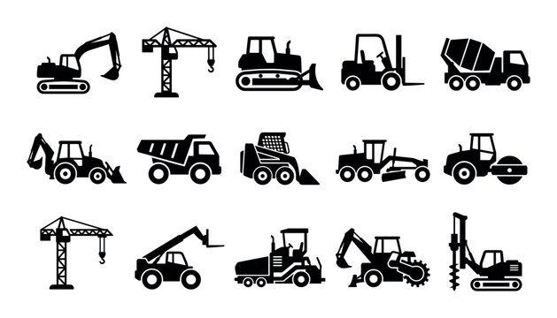 Construction and heavy machinery design icons with excavator, crane and bulldozer for website interface in solid glyph style