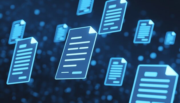 Abstract blue digital document icons floating in cyberspace representing cloud storage technology and online data