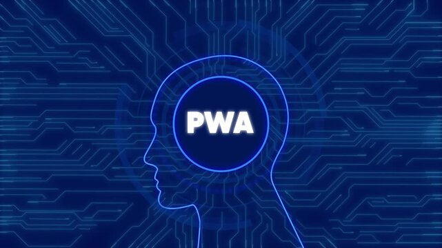 Pwa progressive web app concept with digital human head silhouette and circuit board data