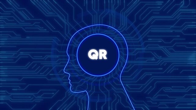 Digital qr code concept with human head silhouette and glowing cyber circuitry background
