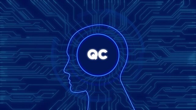 Artificial intelligence brain concept with qc text digital circuit board background motion