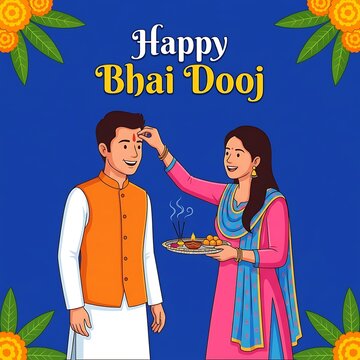 Illustration of a sister applying tilak on her brothers forehead for bhai dooj