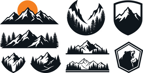 Fototapeta premium Vintage Mountain Adventure Silhouette Badge Set with Forest Pine Trees Sunset and Roaring Grizzly Bear for Outdoor Travel Logo Graphic Designs