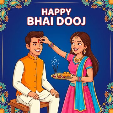 Happy bhai dooj illustration with sister applying tilak to brother