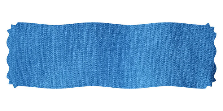 Elongated rectangular patch of blue denim fabric with wavy scalloped edges on white background isolated on a transparent background