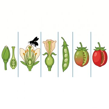 Educational botanical illustration showing the lifecycle stages of plant reproduction, from flower bud, pollination by a bee, fertilization, to pod development and mature fruit structure
