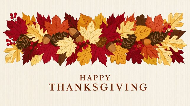 Rustic Happy Thanksgiving Card Featuring Hand Drawn Autumn Foliage Border with Acorns Pinecones and Berries on Textured Vintage Paper Background