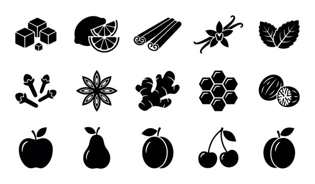 Food and spice vector icons with sugar cubes, citrus fruit and cinnamon sticks for web design in solid glyph style