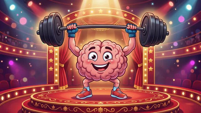 Cheerful cartoon brain lifting heavy barbell, energetic fitness pose, symbolizing mental strength, cognitive development, 4K video