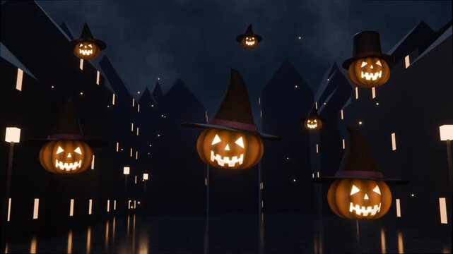 Glowing jack o lanterns in witch hats floating over a dark gothic town seamless loop 4K Halloween